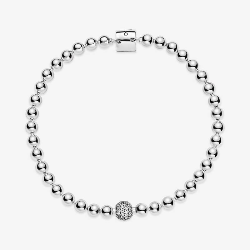 Pandora Style Beads and Pave Bracelet - Sterling Silver