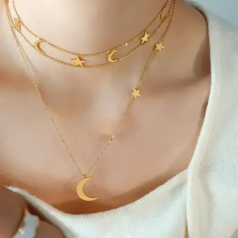 Moon and Star Necklace - Celestial Charm Jewelry with Adjustable Chain