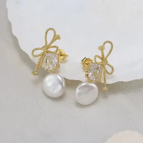 14k gold pearl bow earrings
