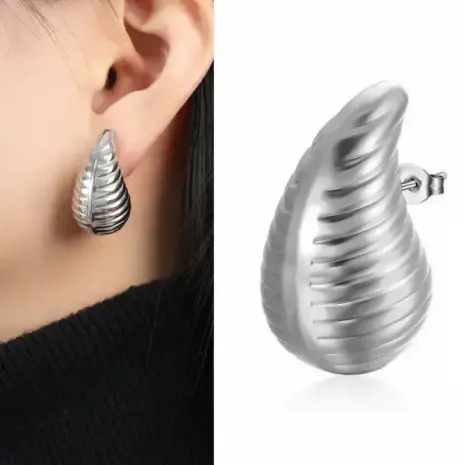 ribbed swirl pattern teardrop earrings silver stainless steel bds