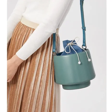 blue bucket bag with strap