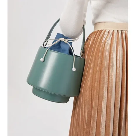 blue bucket bag with top handle