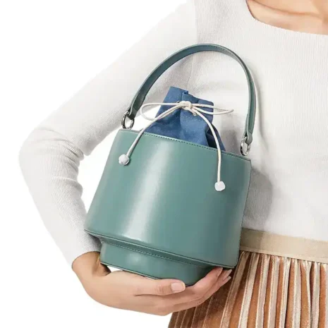 blue bucket bag with top handle