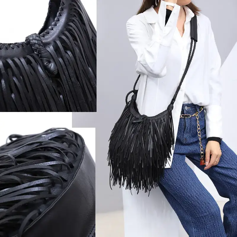 black fringe bag details and model