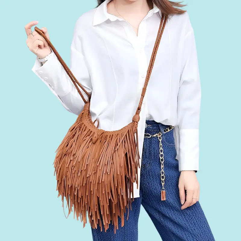 brown fringe tote bag