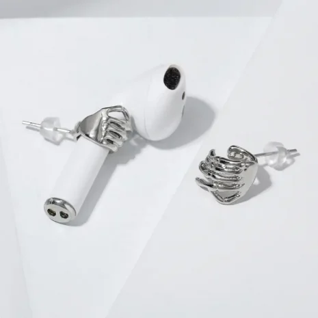 silver audio earrings display