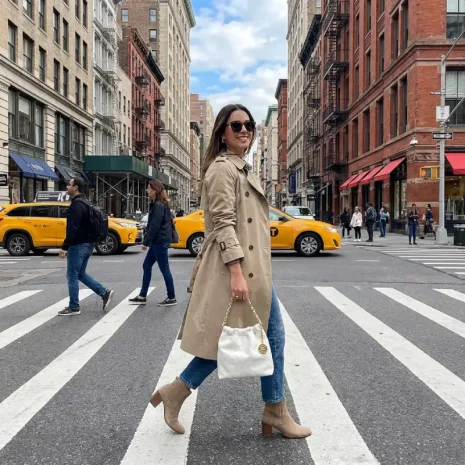 model with white chain drawstring purse