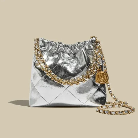 silver leather drawstring pouch